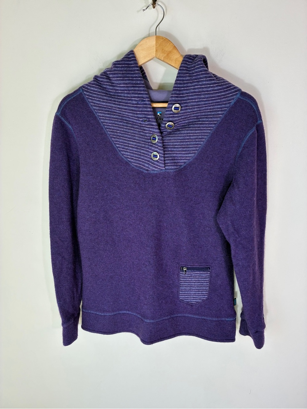 Kuhl Purple Chianti Wool Blend Hooded Henley Pull Over Sweater